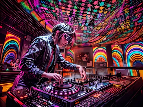 A photograph captures the dynamic energy of a DJ in action in a dimly lit nightclub, surrounded by a kaleidoscope of colored lig...