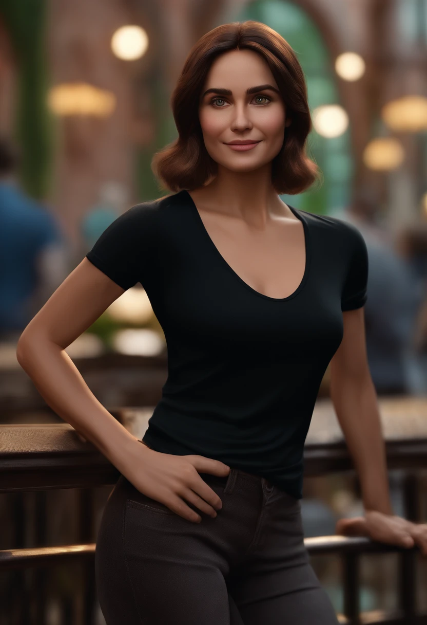 (best quality,4k,8k,highres,masterpiece:1.2),ultra-detailed,(realistic,photorealistic,photo-realistic:1.37),portrait,short dark-brown hair,wearing a black t-shirt,arms crossed in front,poster,Pixar-style N - Marketing movie