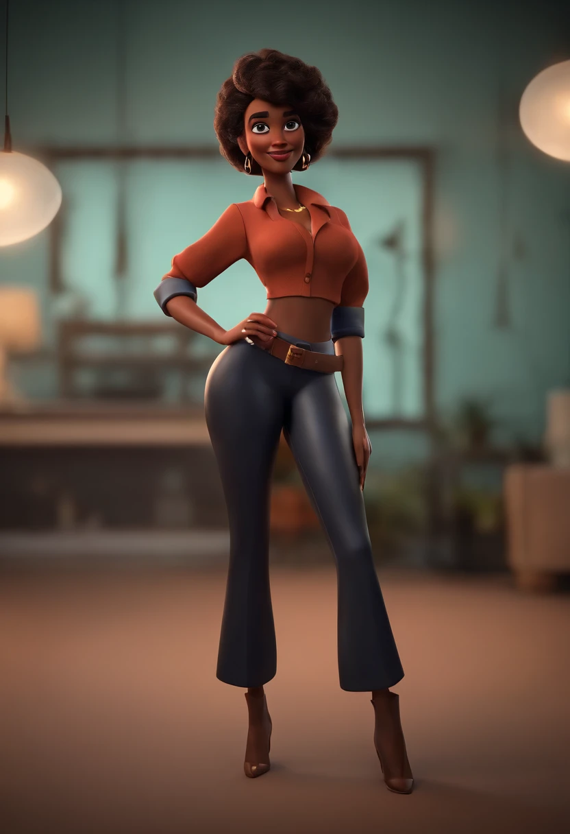 A cartoon character of a woman in a brown shirt and blue pants - SeaArt AI