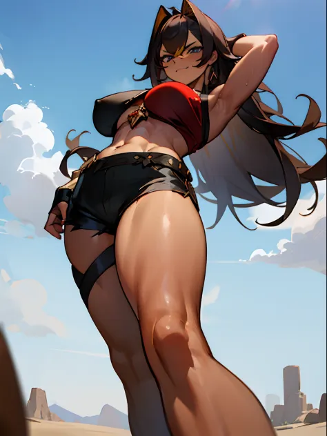 Anime giantess, giant breasts, gigantic breasts, giantess, masterpiece, best quality, flawless skin, detailed eyes, anime giantess, large chest, big breasts, thigh thighs, massive chest, dark brown hair, long hair, blonde highlights, light blue eyes, brown...