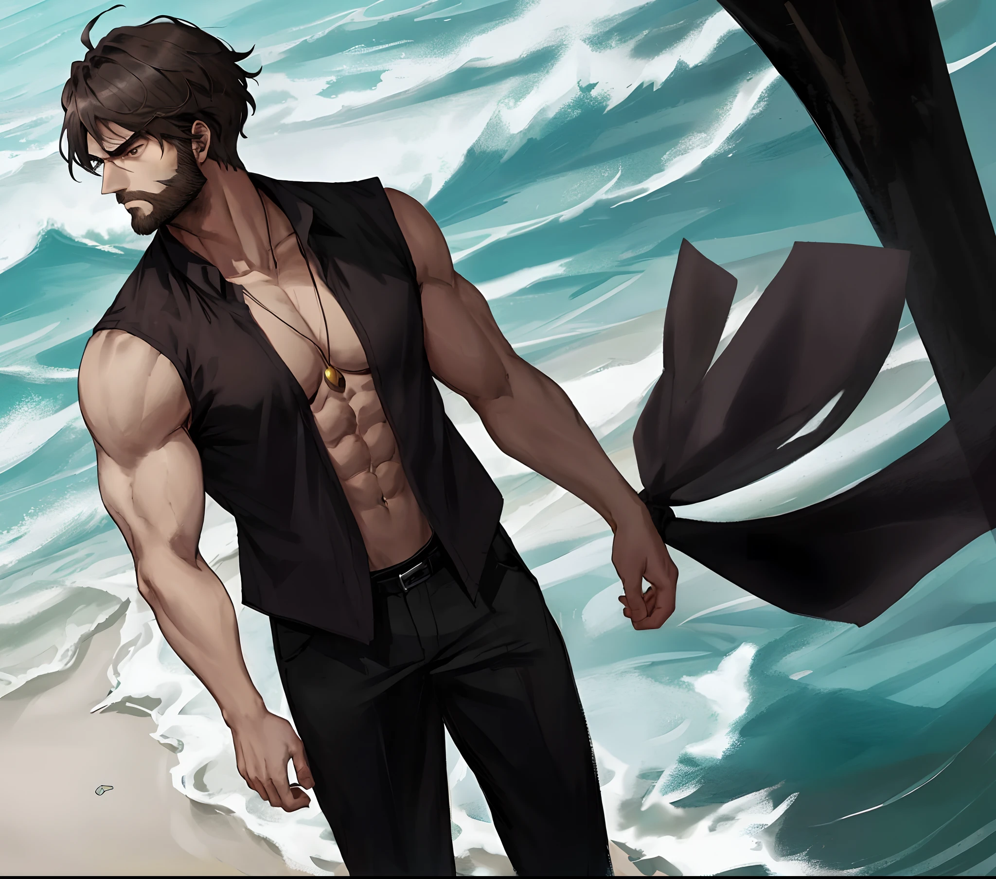 Arafed man with a beard and a black shirt standing on a beach - SeaArt AI