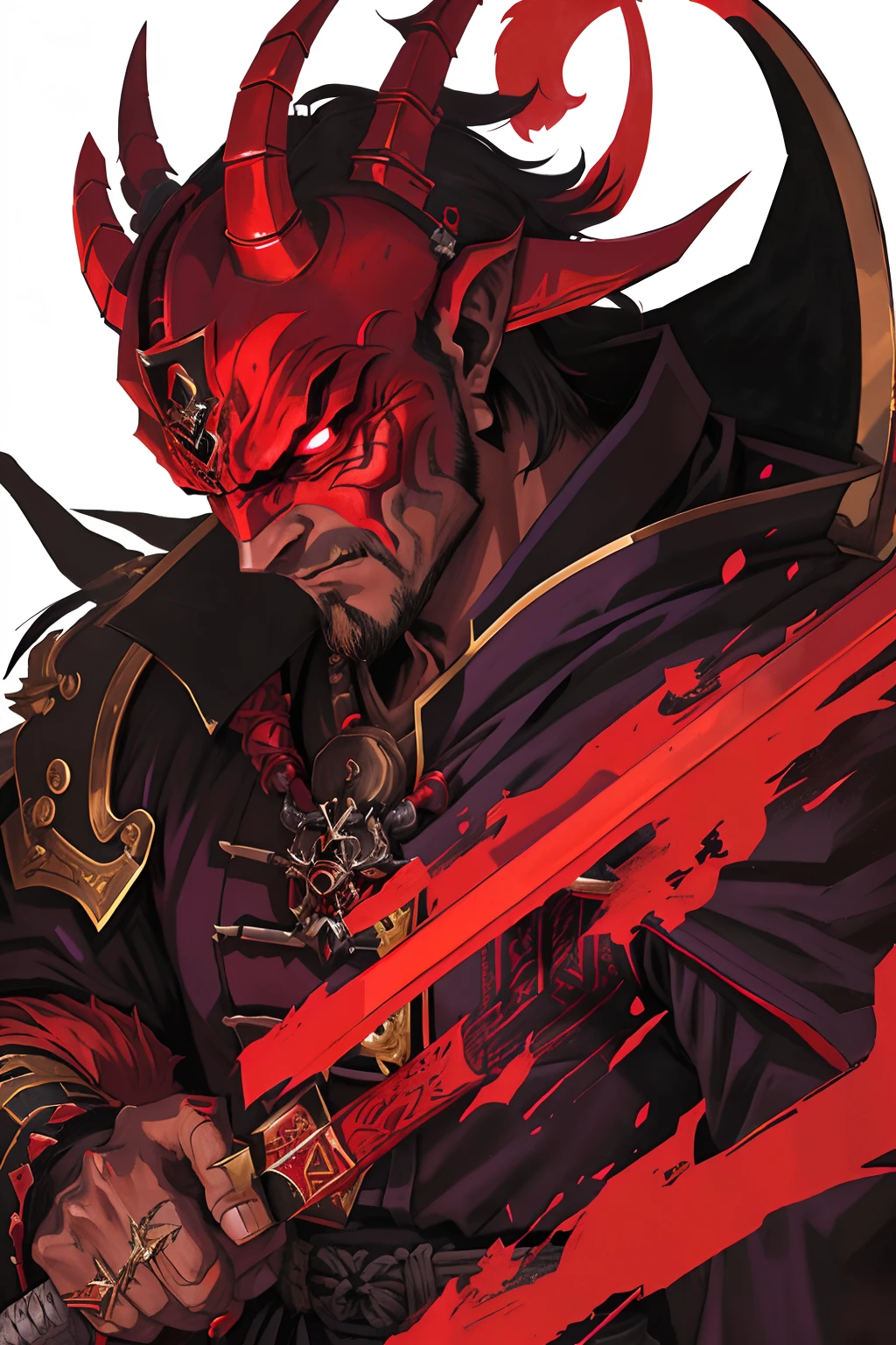 Demon with red eyes and horns holding a sword in his hand, Demon Samurai, Villain wearing a red tengu mask, demon samurai warrior, Lord tengu, oni, Sachin Teng, JC Leyendecker e Sachin Teng, Governante do Inferno, ruler of the demons, samurai with demon mask, Krenz Cushart e Artem Demura, DND Fantsay Arte, asas negras, asa de anjo