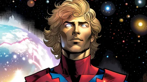 a man in a red and blue suit standing in front of a galaxy, adam warlock, personagem de quadrinhos, cabelo loiro,olhos brilhante...