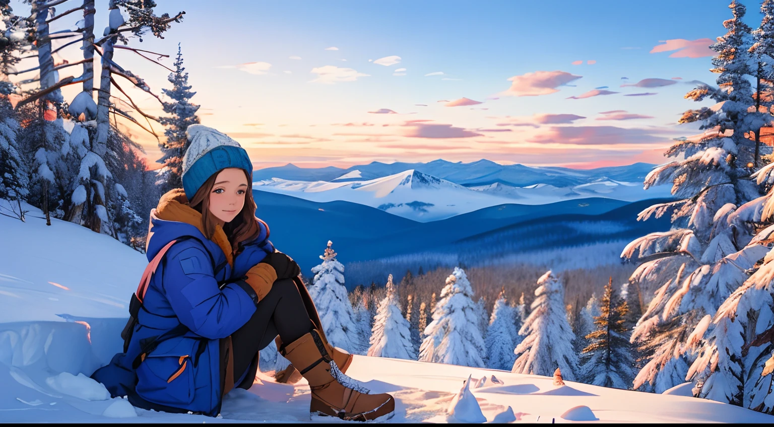 a girl sitting on a rocky cliff overlooking the Ural mountains, wearing a warm winter coat and a colorful hat, surrounded by snow-covered trees and a serene blue sky, capturing the breathtaking beauty and tranquility of the Ural mountains [masterpiece:1.2], ultra-detailed, realistic, landscape, crisp colors, natural lighting