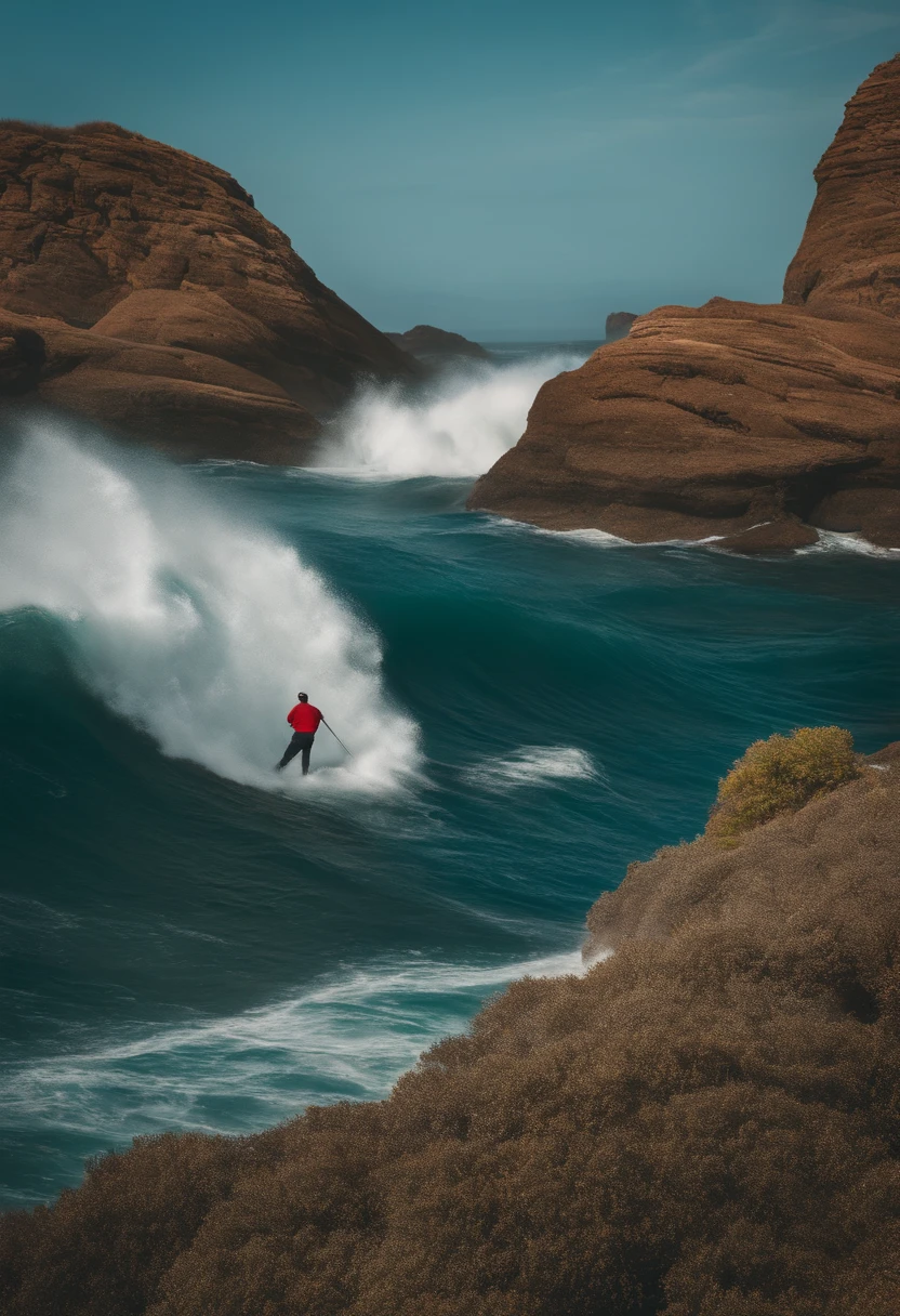 Surfista montando una ola en el océano cerca de un acantilado rocoso -  SeaArt AI