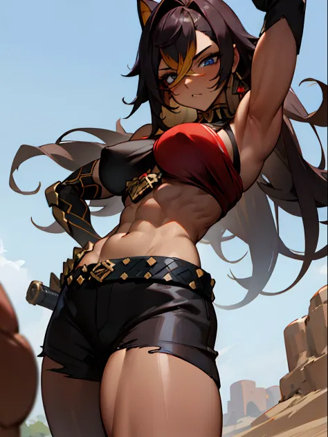 Anime giantess, giant breasts, gigantic breasts, giantess, masterpiece, best quality, flawless skin, detailed eyes, anime giantess, large chest, big breasts, thigh thighs, massive chest, dark brown hair, long hair, blonde highlights, light blue eyes, brown...