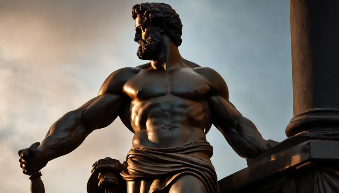Hercules-style Greek stoic statue with highlighted muscles dark background, pegando fogo