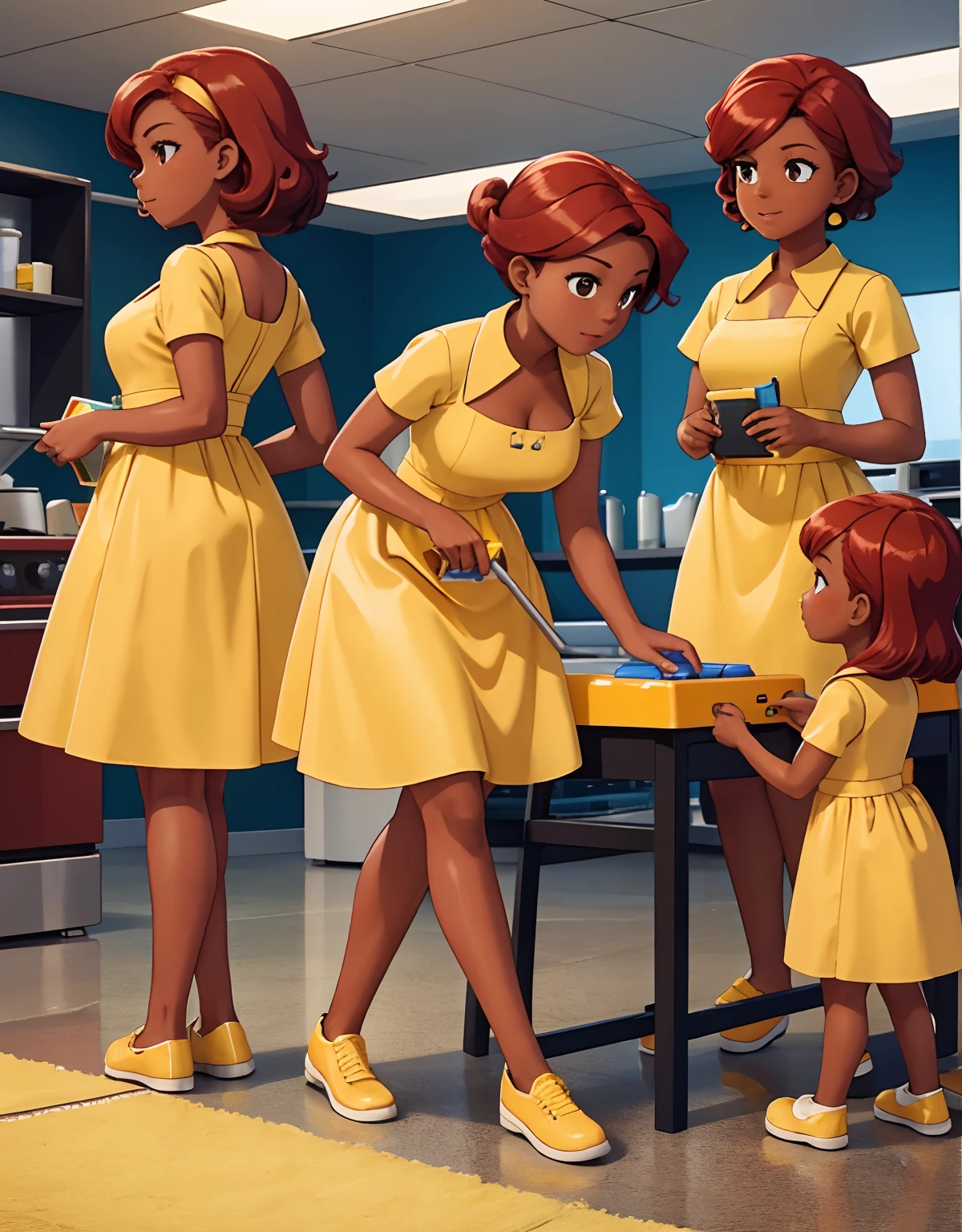 Mass-produced Android housewife assembly line, dark skin, red hair, brown eyes, yellow dress