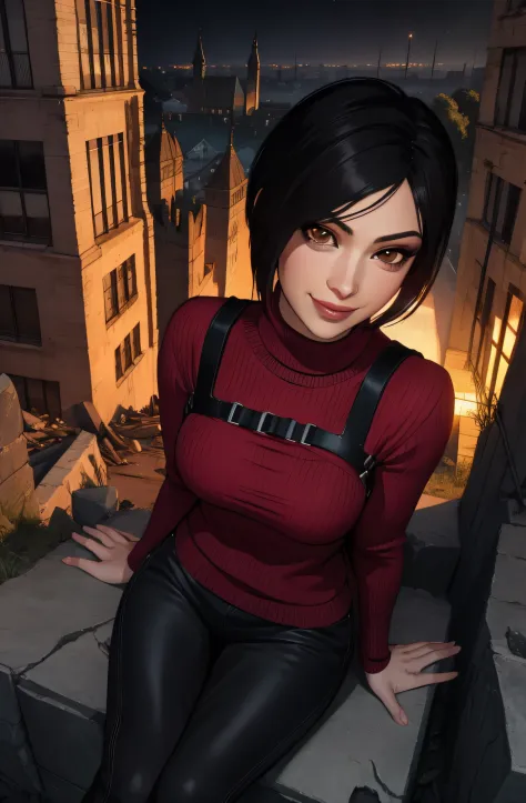 Ada,  black hair, brown eyes,  short hair, 
red sweater,  black pants, 
sitting,  smile,  from above, 
night,  outdoors,  ruins,  
(insanely detailed, beautiful detailed face, masterpiece, best quality),
