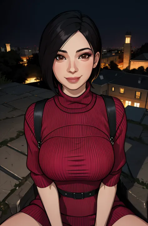 Ada,  black hair, brown eyes,  short hair, 
red sweater,  
sitting,  smile, upper body,   from above, 
night,  outdoors,  ruins,  
(insanely detailed, beautiful detailed face, masterpiece, best quality),