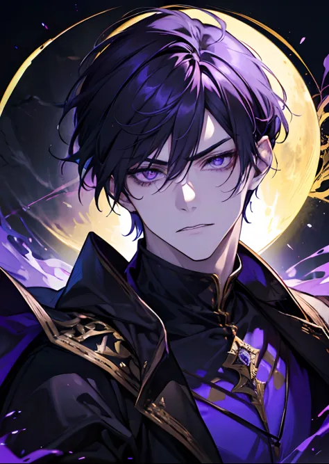 1male, dark sorcery, adult face, mature face, handsome, short purple hair, bangs, yellow eyes, angry,  detailed eyes, medieval t...