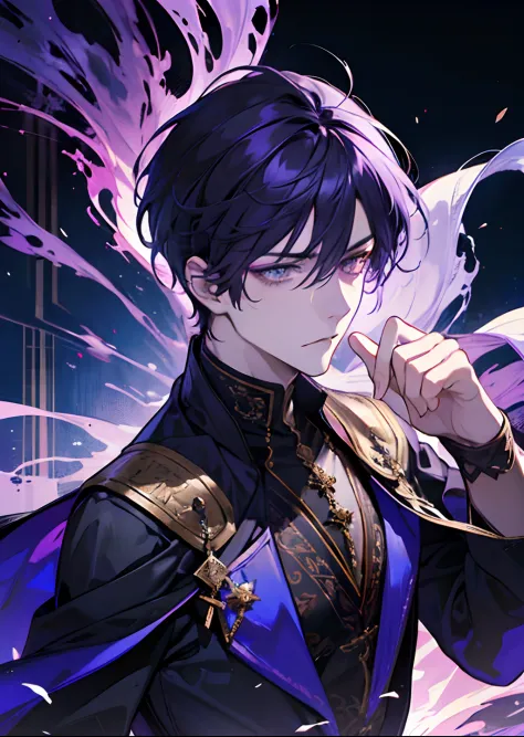 1male, dark sorcery, adult face, mature face, handsome, short purple hair, bangs, yellow eyes , detailed eyes, medieval times,  condescending, calm expression, no collar
