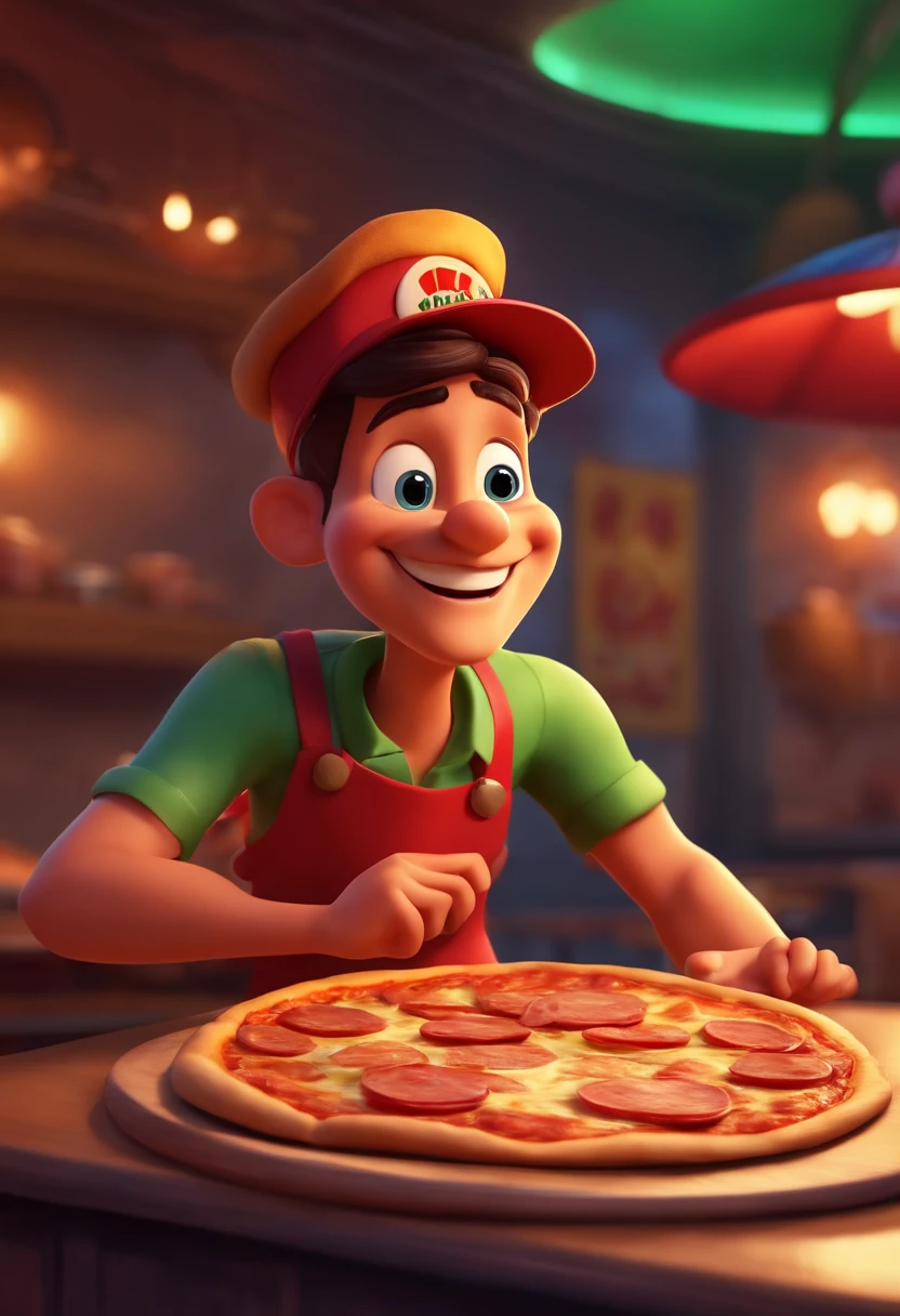 A close up of a cartoon character holding a pizza on a table - SeaArt AI