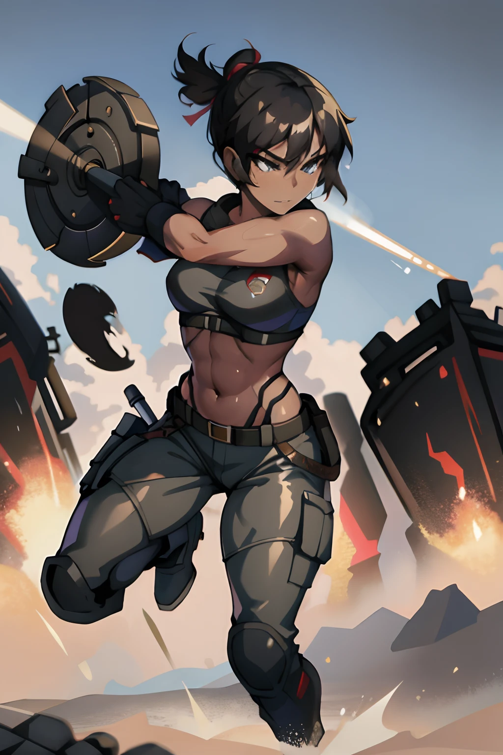 1girl, solo, Full body, 24 year old, Filipino Woman, tan skin, short black hair, wearing marine corps uniform, athletic body, strong muscles, military girl, soldier girl, infantry girl, camouflage uniform, torn tank top, belly button, gloves, torn military pants, small, cleavage, confident smirk, fierce expression, full body, perspective composition, exaggerated composition, perfect composition, perfect eyes, large perspective, dynamic composition, background is ruined city, portrait, (mature female),(shiny skin),((steaming body))