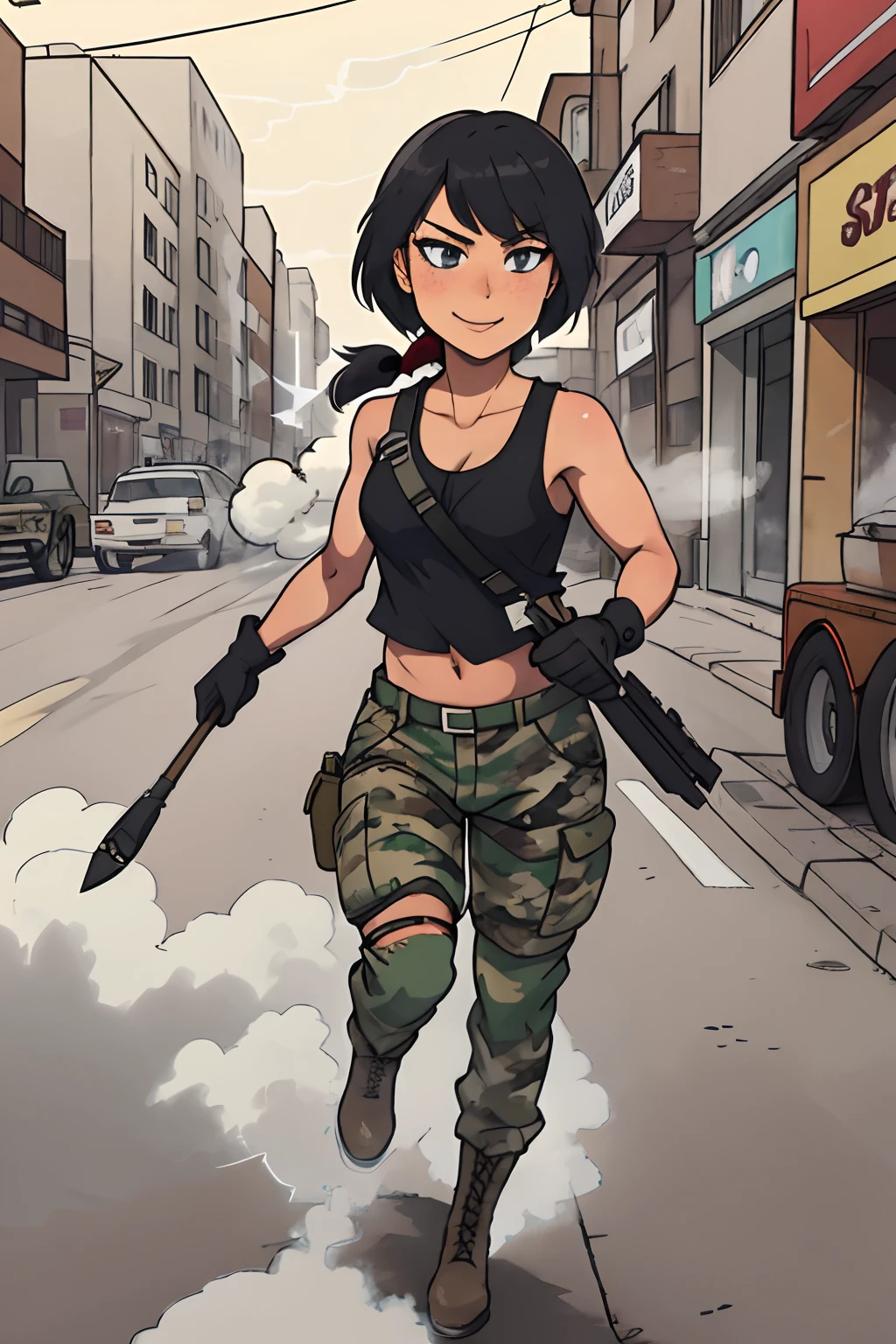 1girl, solo, Full body, 24 year old, Filipino Woman, tan skin, short black hair, wearing marine corps uniform, athletic body, strong muscles, military girl, soldier girl, infantry girl, camouflage uniform, torn tank top, belly button, gloves, torn military pants, small, cleavage, confident smirk, fierce expression, full body, perspective composition, exaggerated composition, perfect composition, perfect eyes, large perspective, dynamic composition, background is ruined city, portrait, (mature female),(shiny skin),((steaming body))