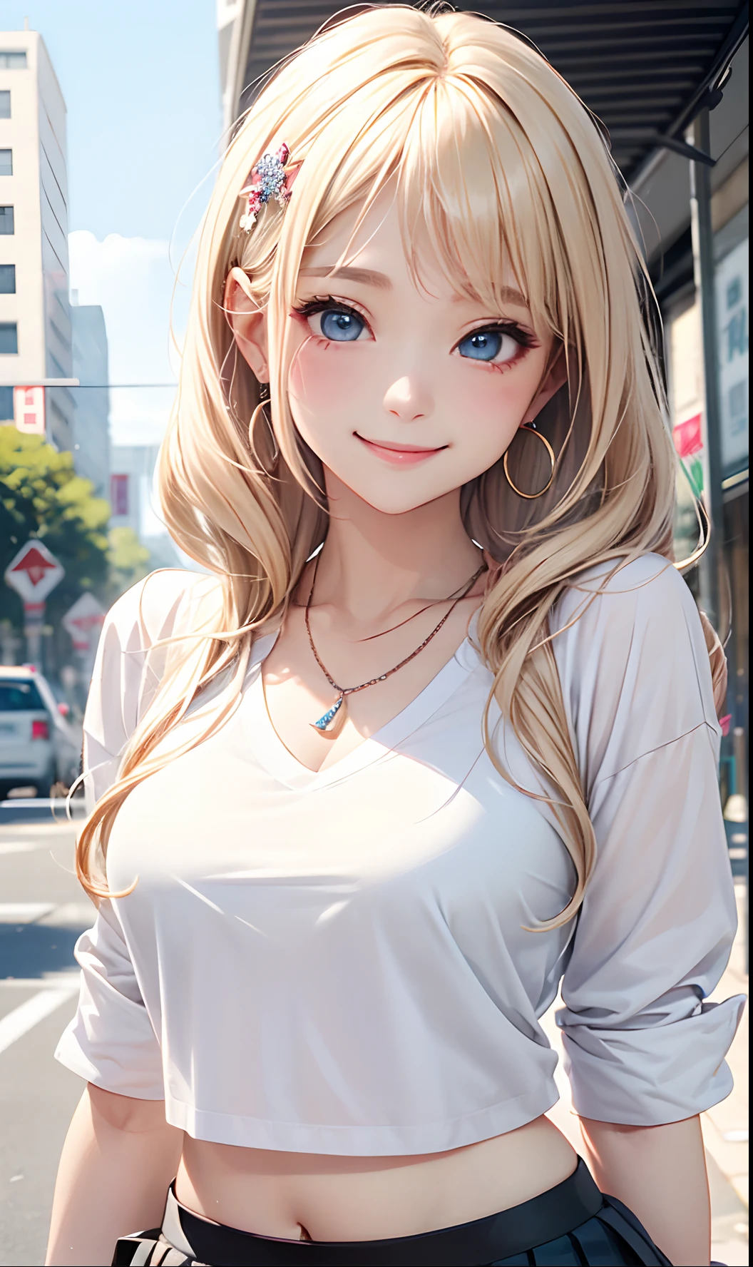 absurderes, (masuter piece:1.3)Ultra-detail,bright colour, extremely beautiful detailed anime face and eyes, (solo:1.6), Smooth straight blonde hair, Shiny hair, Delicate beautiful face, red blush,(Deep Blue Eyes:1.3 ) White skin, hair clips, earrings, a necklace,(Agnes B-Shirt:1.3),(Barbary skirt:1.3) (nightcity:1.3),Bustling street、(Nitanita Smile:1.5)、Upper body