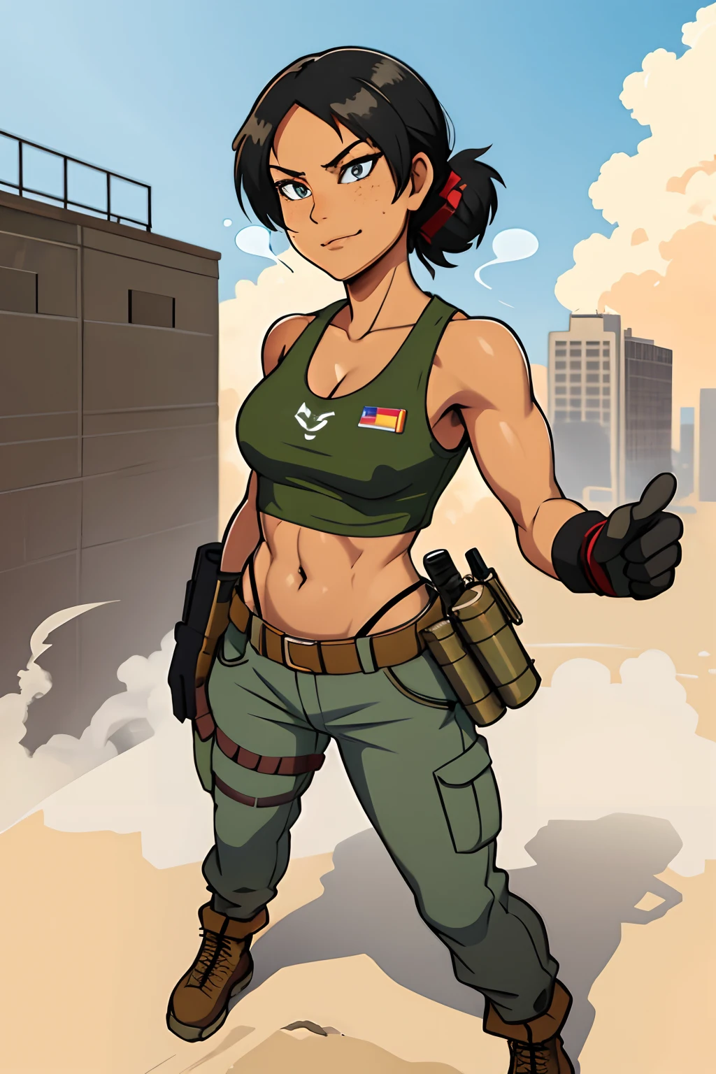 1girl, solo, Full body, 24 year old, Filipino Woman, tan skin, short black hair, wearing marine corps uniform, athletic body, strong muscles, military girl, soldier girl, infantry girl, camouflage uniform, torn tank top, belly button, gloves, torn military pants, small, cleavage, confident smirk, fierce expression, full body, perspective composition, exaggerated composition, perfect composition, perfect eyes, large perspective, dynamic composition, background is ruined city, portrait, (mature female),(shiny skin),((steaming body))