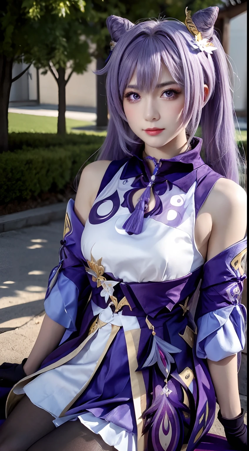 Masterpiece, Best Quality, Detail, Depth of field, ultra-realistic, realistic face and eyes, realistic skin texture, Cinematic lighting, eyes, To see your audience. 1 girl, solo, (frown, closed mouth), keqing_\(genshin_stroke\), Purple_eyes, purple hair, Double Ponytail, sharp eyes, serious face, gloves, black stockings, En plein air, purple lightning, Fileg, lightning glowing sword, purple lightning, upper-body, cute makeup, beatiful face, European appearance