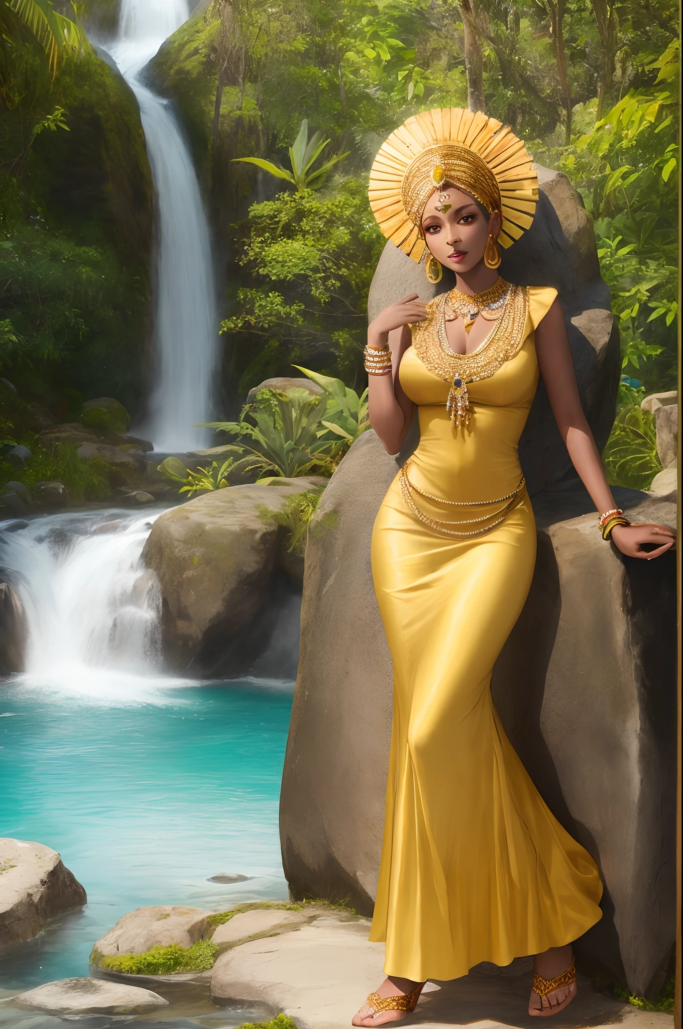 African Woman Goddess Orisha, sitting in a waterfall, wearing a yellow dress holding a mirror