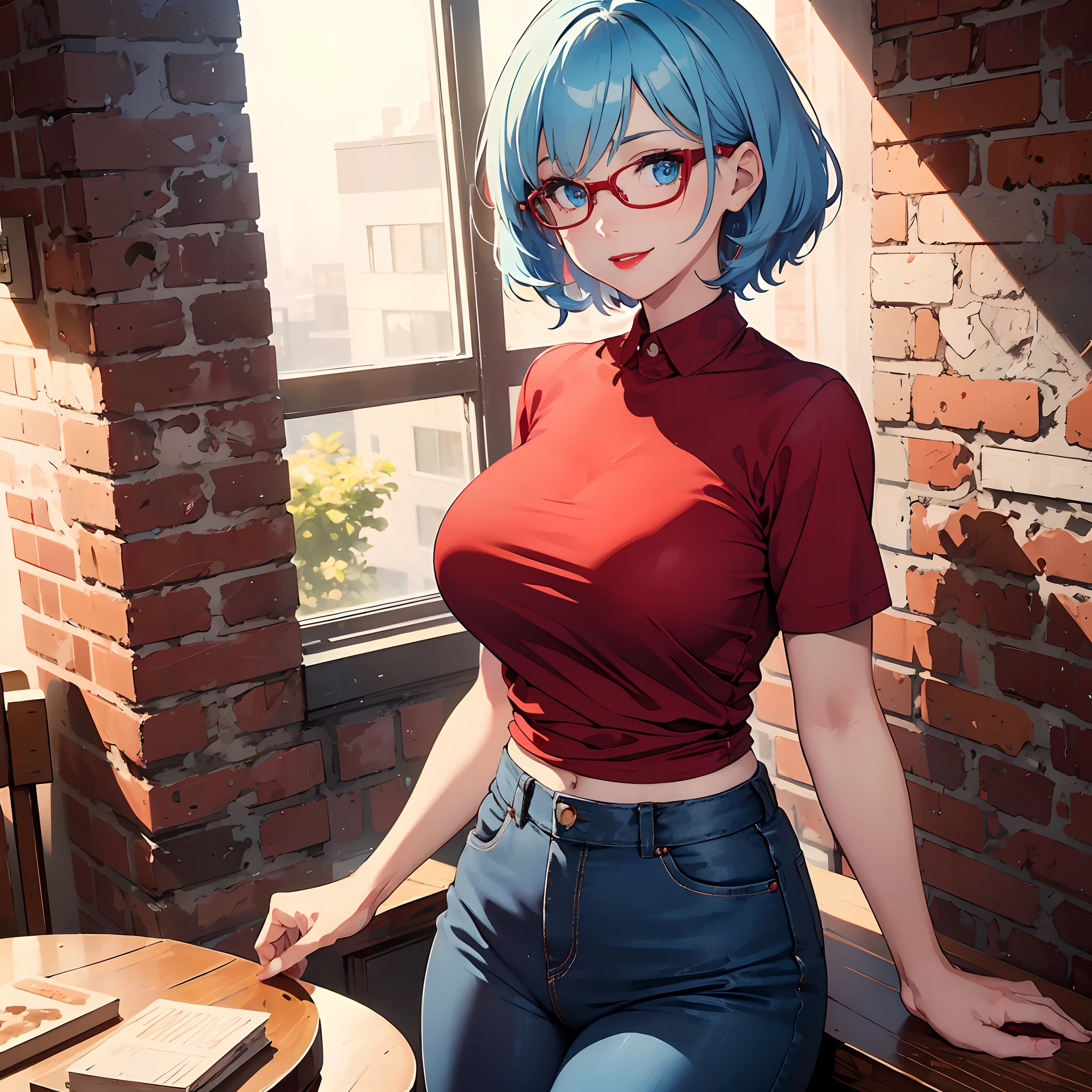 Anime girl with blue hair and glasses sitting on a bench - SeaArt AI