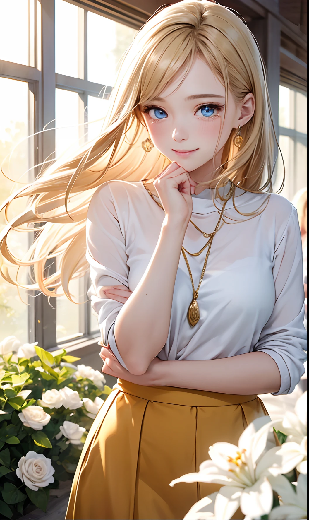 (masuter piece:1.3),exquisitedetails, Highest quality 8K resolution, Ultra-detailed, Realistic, Vibrant colors, Soft tones, With warm and gentle lighting,(Smooth straight blonde hair:1.2),(Hair parted in the middle:1.2),(Glowing hair),(Deep Blue Eyes:1.3),Garden Girl, White skin, hair clips, earrings, a necklace,(Agnes B-Shirt:1.3),(Barbary skirt:1.3),Smiling with tears in her eyes,With an overflowing soft and gentle feeling, Multiple Corner Turns,Visible emotions and specific emotions, I want to believe, Use illustrations,Long-haired beautiful girl fluttering in the wind,The promenade is full of flowers, Create colorful reflections.The sun's rays illuminate joy and pure love, Cast a warm golden glow on the girl's face. Their love is like a blessing from God, Free yourself from the hassles of this world. The atmosphere is full of happiness and laughter, It's like heaven、As if celebrating love. The artwork is、Create a combination of digital illustrations and photos, Sticking to ultra-detailed depictions and vivid colors. In a style that blends romanticism and realism、You can feel the depth of love. The color palette consists of soft pastel tones, Create an ethereal atmosphere like a dream. and the lighting is soft and diffused, Shine a gentle light on your face,、The warmth of the hug increases. The artwork is a masterpiece, Meticulously crafted to capture the essence of an unbreakable bond