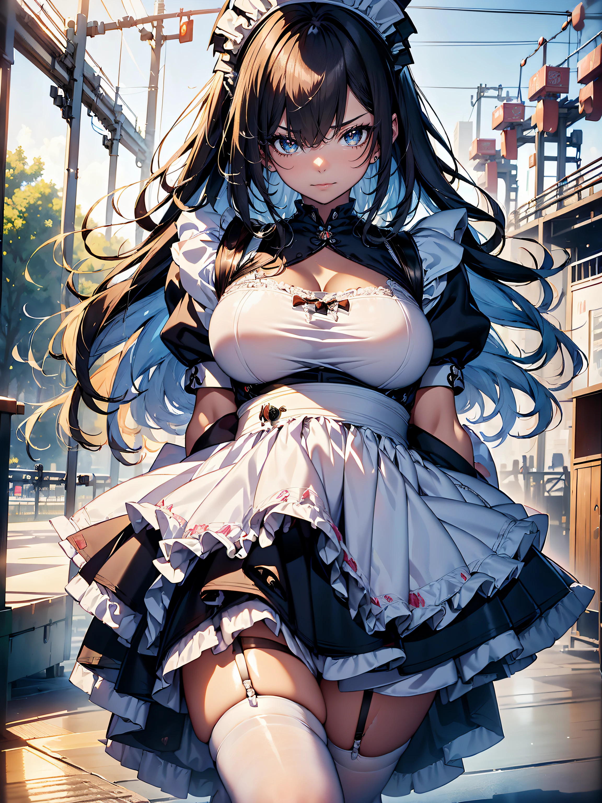 ((maid clothes:1.3)),hiquality, hight resolution, ultra-detailliert, high-level image quality, hightquality, anime illustrated, (finely detailed beautiful eye: 1.2), Detailed eye depiction, (finely detailed  eyes and detailed face:1.3), (extremely details CG, Best Shadow:1.1), Depth of field and blur, (Perfect Detail: 1.1) , digitial illustration, Enamel Art, Center, Watercolor painting, art  stations, concept-art, character sheets, Lightning Wave, beautiful anime watercolors, Vibrant colors, Sharp Focus, art by:hyung tae kim, Fine detail, intricate detailes, Curvaceous body, Detailed eye depiction, Vibrant colors,((Nervous look before riding a roller coaster))