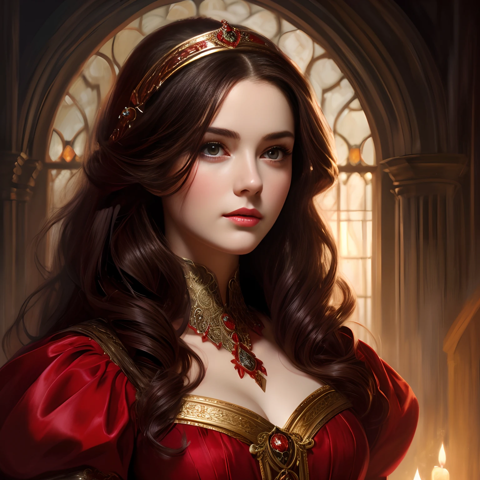 (best quality,highres:1.2),oil painting,vivid colors,dark-haired girl in a red dress,medieval setting,detailed facial features,flowing dark hair,expressive dark eyes,rosy lips,elaborate costume,serene expression,strong lighting,rich textures,portrait style,soft color tones