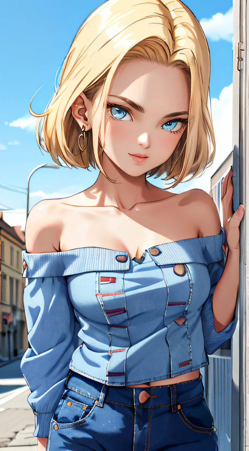 tmasterpiece， Best quality at best， ultra - detailed， absurderes， Portrait beautiful Android18DB， solo， 耳Nipple Ring， (Bikini:1.5)，underdressing，jewely， (Off-the-shoulder attire:1.5)，cleavage， upperbody closeup，ssmile， thongs， vests， ​​clouds， Skysky， daysies， exteriors，Denim super shorts，best qualtiy， tmasterpiece， intricately details， Tone-mapping， Sharp focus， ultra - detailed， Artstati is the trend，lips, perfect face, blush, lover