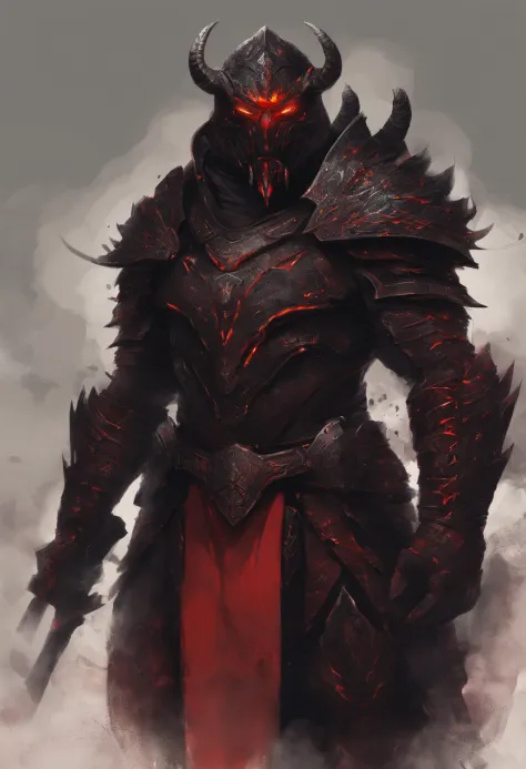 Minotauro com armadura completa negra, elmo com chifres, segurando um grande machado negro com veios vermelhos de fogo