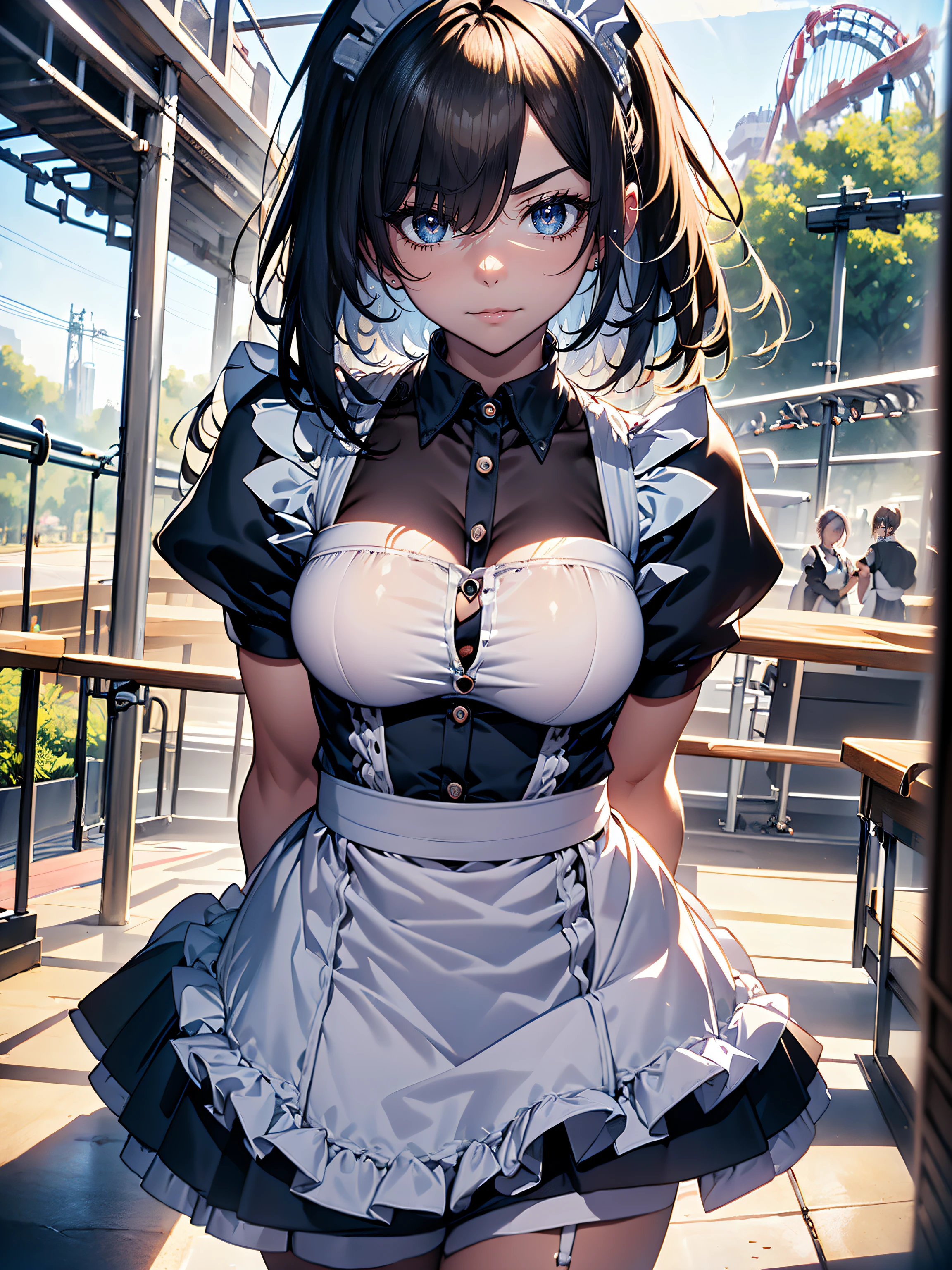 ((maid clothes)),hiquality, hight resolution, ultra-detailliert, high-level image quality, hightquality, anime illustrated, (finely detailed beautiful eye: 1.2), Detailed eye depiction, (finely detailed  eyes and detailed face:1.3), (extremely details CG, Best Shadow:1.1), Depth of field and blur, (Perfect Detail: 1.1) , digitial illustration, Enamel Art, Center, Watercolor painting, art  stations, concept-art, character sheets, Lightning Wave, beautiful anime watercolors, Vibrant colors, Sharp Focus, art by:hyung tae kim, Fine detail, intricate detailes, Curvaceous body, Detailed eye depiction, Vibrant colors,((Nervous look before riding a roller coaster))