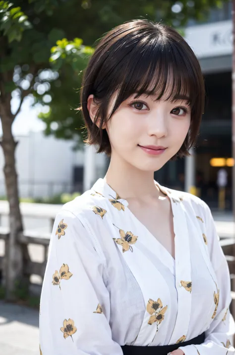 masutepiece、top-quality、超A high resolution、(photographrealistic:1.4)、((1girl in、White fair skin:1.4、age19、spotless、cute little、A dark-haired、bobhair_cut、shorth hair、Normal breasts:1.6))((Casual wear))、(portrait of japanese famous actress)、(A smile、Happines...