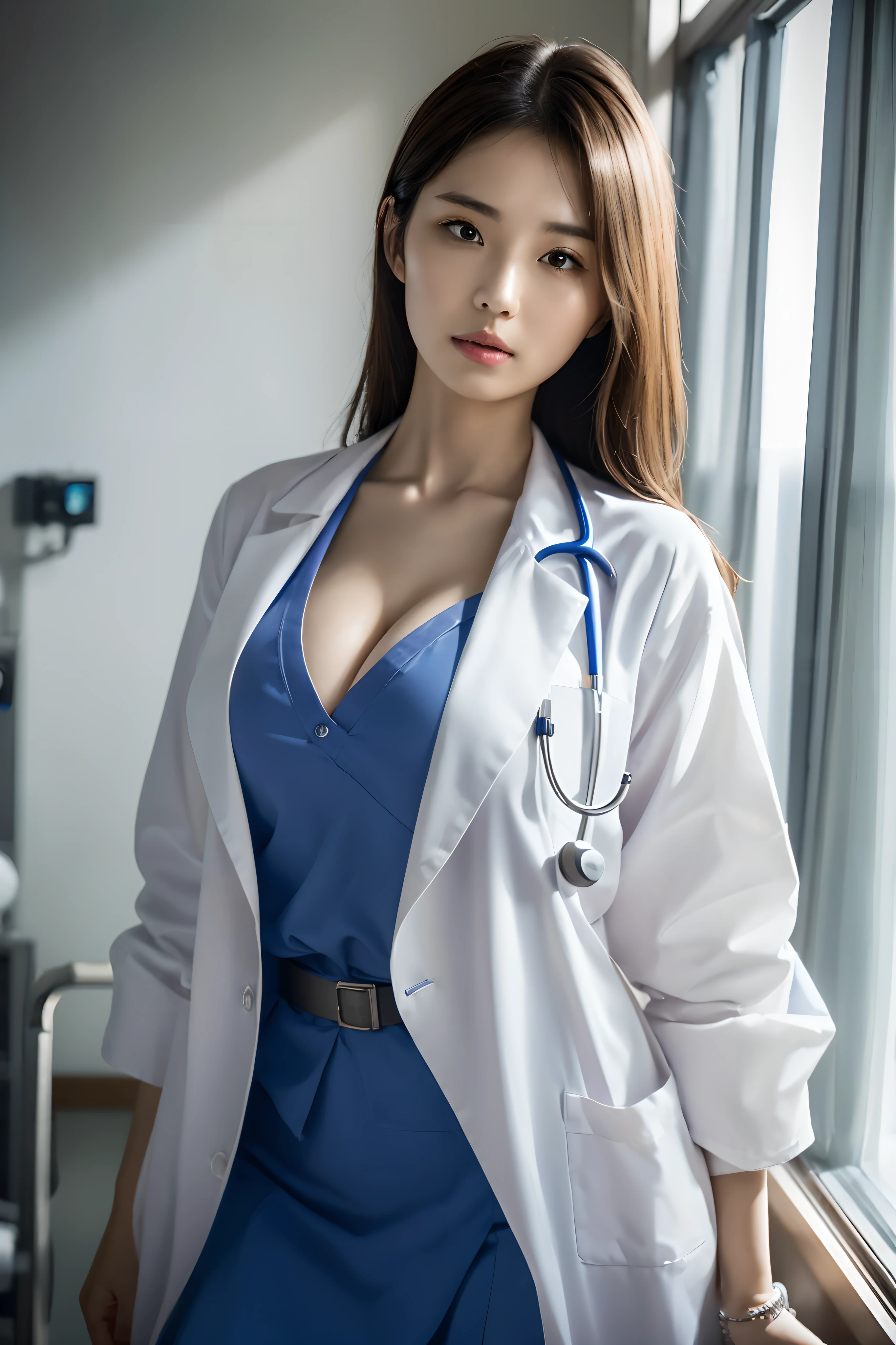 A Woman In A White Lab Coat And Blue Dress Posing For A Picture Seaart Ai