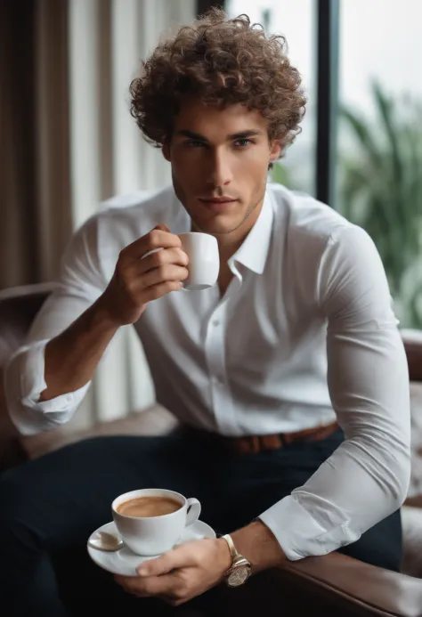 Man with short curly hair, peau blanche, yeux gris, Defined and athletic body, Accountant's Clothes Drinking Coffee , Be confident,