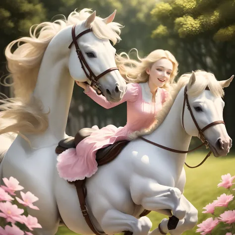 Beautiful blonde beautiful girl riding a white horse with pink flowers dancing around her
