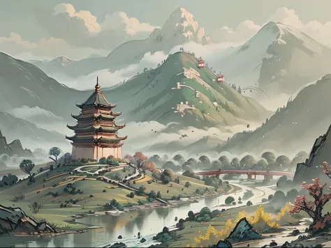 A landscape with mountains and rivers of parchment in the style of ((chino antiguo)) pagoda & Mountains A ((Little Chinese Drago...