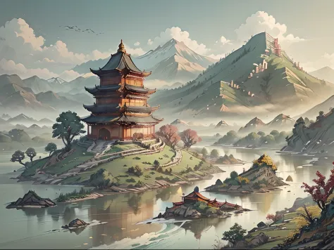 A landscape with mountains and rivers of parchment in the style of ((chino antiguo)) pagoda & Mountains A ((Little Chinese Drago...