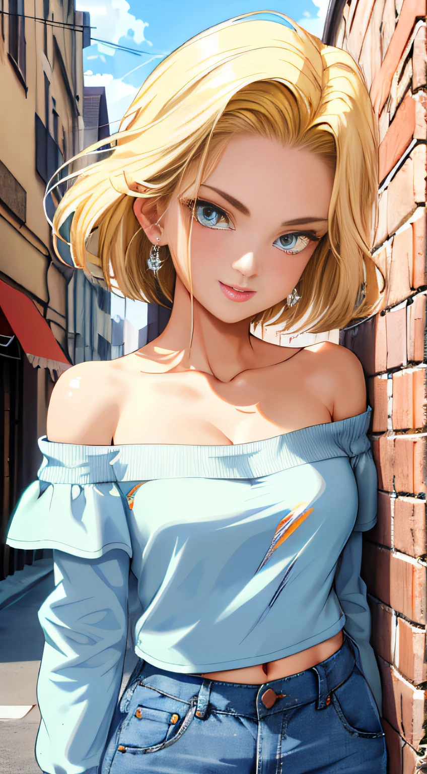 tmasterpiece， Best quality at best， ultra - detailed， absurderes， Portrait beautiful Android18DB， solo， 耳Nipple Ring， (Bikini:1.5)，underdressing，jewely， (Off-the-shoulder attire:1.5)，cleavage， upperbody closeup，ssmile， thongs， vests， ​​clouds， Skysky， daysies， exteriors，Denim super shorts，best qualtiy， tmasterpiece， intricately details， Tone-mapping， Sharp focus， ultra - detailed， Artstati is the trend，lips, perfect face, blush, lover, large breasts