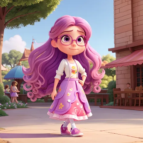 Disney Pixar Avatar of the best quality 
 Girl walking in flower park in pink lilac glasses
 Long hair medium wavy skin like café au lait , Olho castanho, Not too big eye 
A beautiful white t-shirt on top and on the bottom a full blue skirt made full of co...