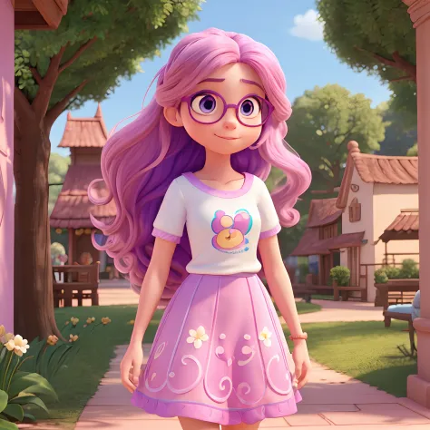 Disney Pixar Avatar of the best quality 
 Girl walking in flower park in pink lilac glasses
 Long hair medium wavy skin like café au lait , Olho castanho, Not too big eye 
A beautiful white t-shirt on top and on the bottom a full blue skirt made full of co...