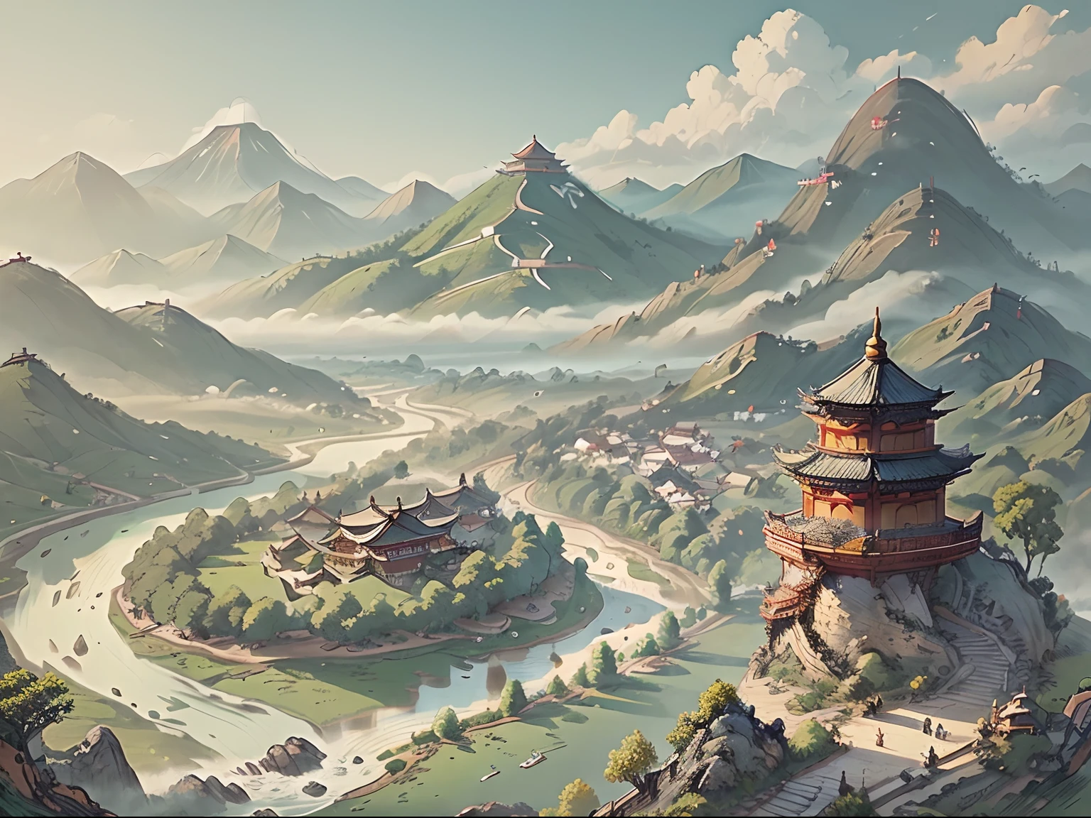 A landscape with mountains and rivers of parchment in the style of ((chino antiguo)) pagoda & Mountains A ((Little Chinese Dragon)) ((muralla china))