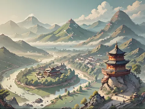 A landscape with mountains and rivers of parchment in the style of ((chino antiguo)) pagoda & Mountains A ((Little Chinese Drago...