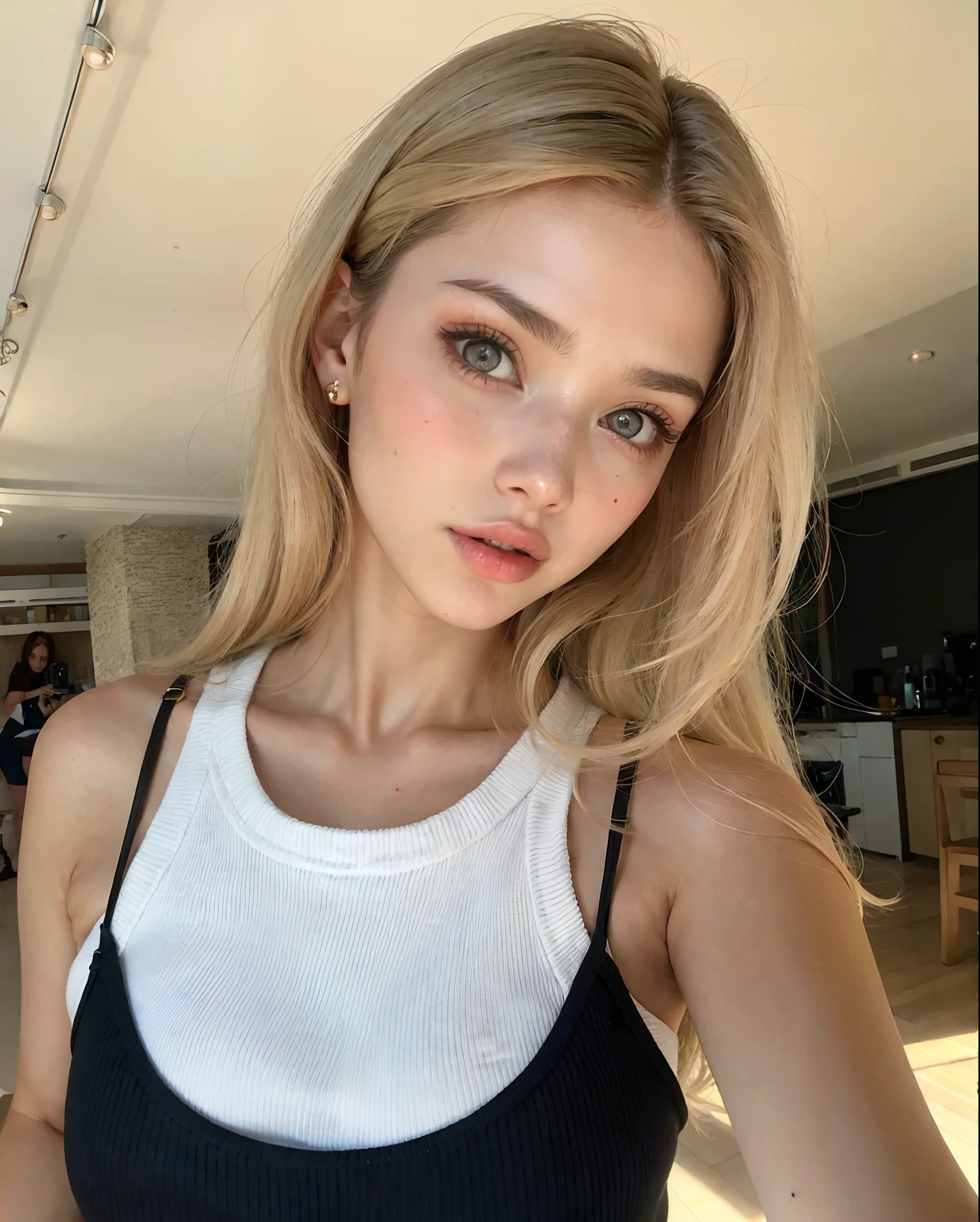 Mulher loira com olhos azuis e uma regata branca posando para uma foto, Retrato Sophie Mudd, Modelo do Instagram, Yelena Belova, lindo modelo jovem, Taran Dasha, Anna Nikonova também conhecida como Newmilky, Angelina Stroganova, rosto perfeito ), Alexandra Waliszewska,  loira bonita, Anastasia Ovchinnikova, 18 anos