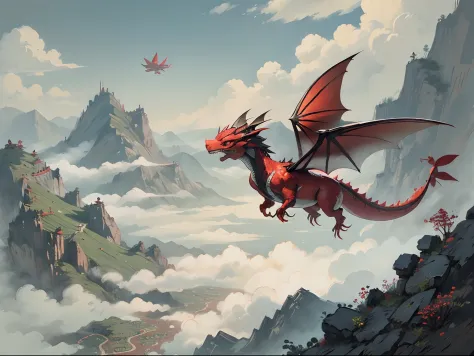 Little Chinese Red Dragon Flying Between Mountains
