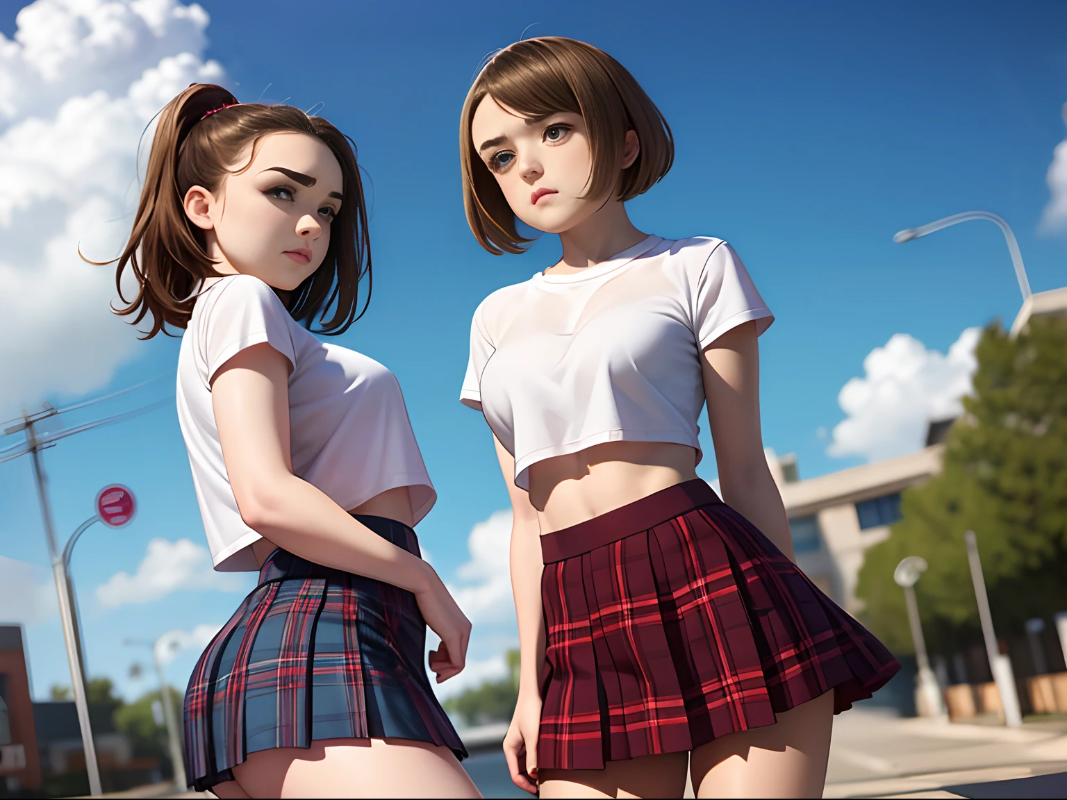 Maisie Williams, twin girls, sisters, two girls, standing in front of school, sunny day, cloudy skies. wearing school uniform, wearing red plaid skirt, wearing crop top, pouty face, sexy pose,