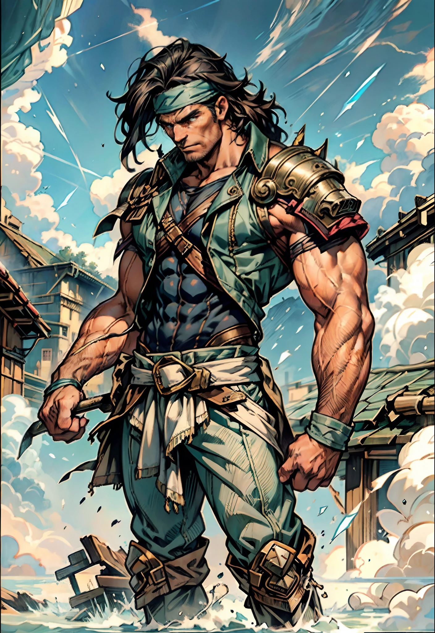 A middle-aged man, dark green long hair, wildly disheveled and exaggerated hairstyle, a headband, no eyebrows, a stern gaze, a well-defined facial structure, a tall and muscular physique, a fantasy-realistic style outfit, only a half-length windbreaker coat, sleeveless, revealing sturdy abdominal muscles, wearing wrist guards adorned with sharp teeth, matching trousers with the outfit, standing like a deity, dark clouds gathering in the sky, flashes of lightning and thunder, wild winds swirling around, this character embodies a finely crafted fantasy-style wild overlord in anime style, characterized by an exquisite and mature manga illustration art style, high definition, best quality, highres, ultra-detailed, ultra-fine painting, extremely delicate, professional, anatomically correct, symmetrical face, extremely detailed eyes and face, high quality eyes, creativity, RAW photo, UHD, 8k, Natural light, cinematic lighting, masterpiece-anatomy-perfect, masterpiece:1.5