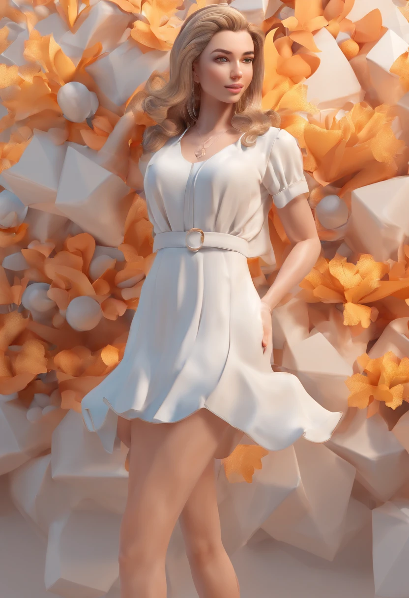 A close up of a woman in a white dress standing in front of a wall of  flowers - SeaArt AI