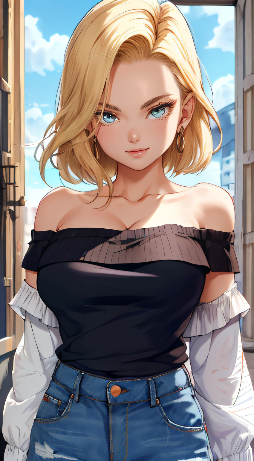 tmasterpiece， Best quality at best， ultra - detailed， absurderes， Portrait beautiful Android18DB， solo， 耳Nipple Ring， (Bikini:1.5)，underdressing，jewely， (Off-the-shoulder attire:1.5)，cleavage， upperbody closeup，ssmile， thongs， vests， ​​clouds， Skysky， daysies， exteriors，Denim super shorts，best qualtiy， tmasterpiece， intricately details， Tone-mapping， Sharp focus， ultra - detailed， Artstati is the trend，lips, perfect face, blush, lover, huge breasts, perfect eyes, bedroom, lingerie