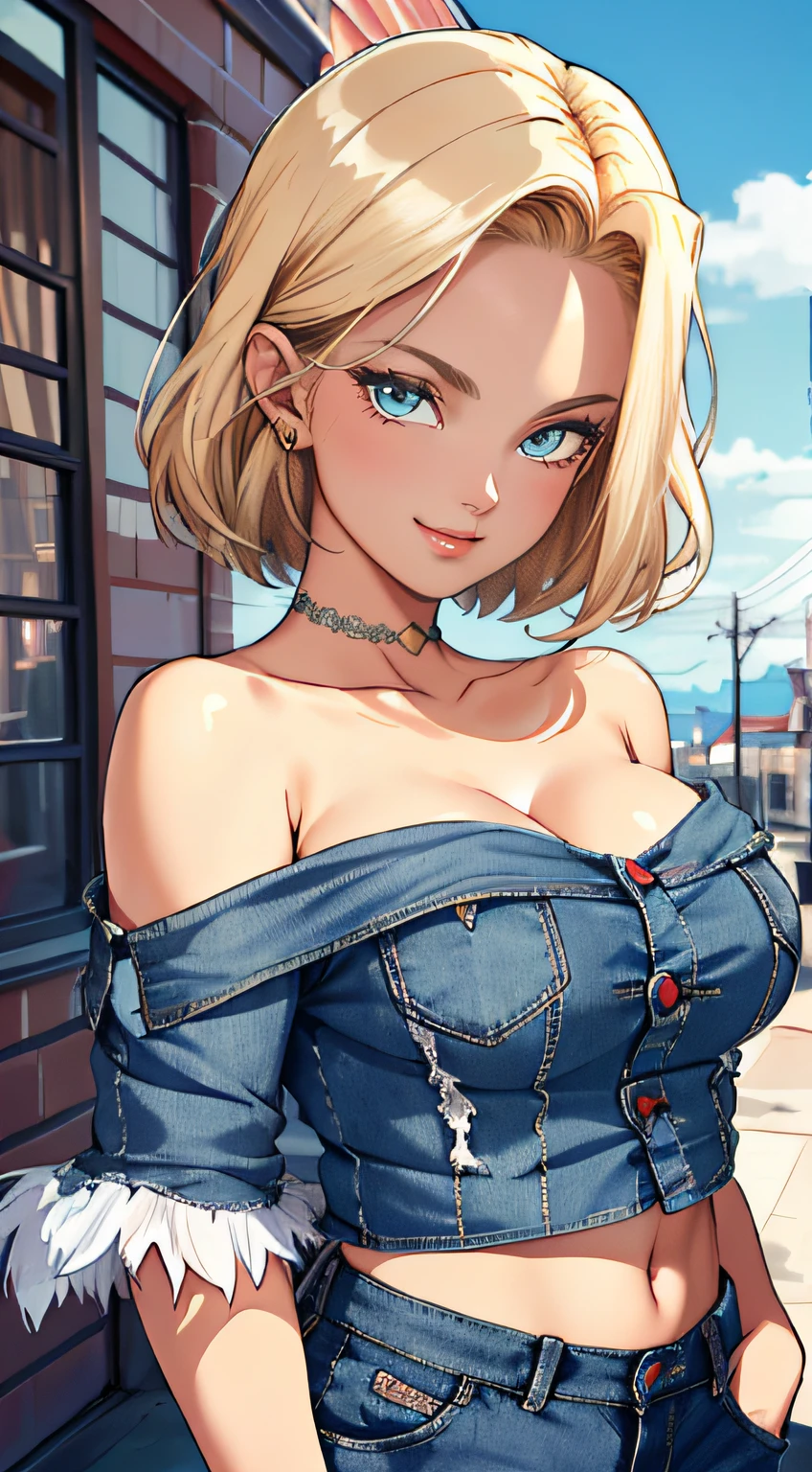 tmasterpiece， Best quality at best， ultra - detailed， absurderes， Portrait beautiful Android18DB， solo， 耳Nipple Ring， (Bikini:1.5)，underdressing，jewely， (Off-the-shoulder attire:1.5)，cleavage， upperbody closeup，ssmile， thongs， vests， ​​clouds， Skysky， daysies， exteriors，Denim super shorts，best qualtiy， tmasterpiece， intricately details， Tone-mapping， Sharp focus， ultra - detailed， Artstati is the trend，lips, perfect face, blush, lover, huge breasts, perfect eyes, bedroom, lingerie