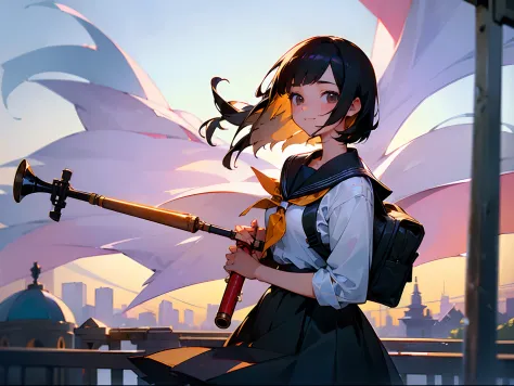 (High school girl going to school during the end of the world:1.3), blowing a flute, Town Musicians of Bremen, black hair, short bob, bright smile, black sun in the sky, detailed beautiful faces, character focus, full shot.