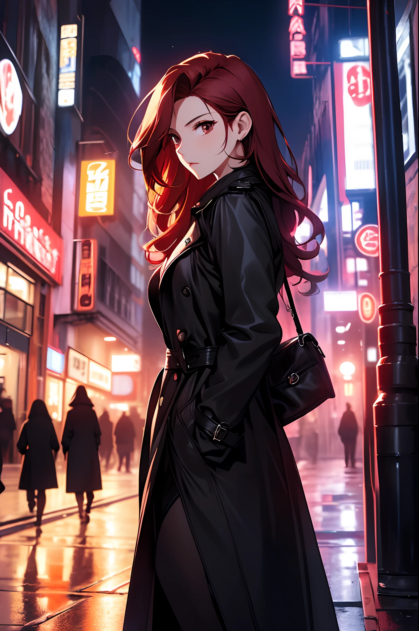 晚上，A beautiful woman wandering 街道s，街道，穿一件黑色風衣，皮裙，紅色長髮，最佳構圖，日本卡通，（（動態角度相機拍攝））），動態姿勢，
